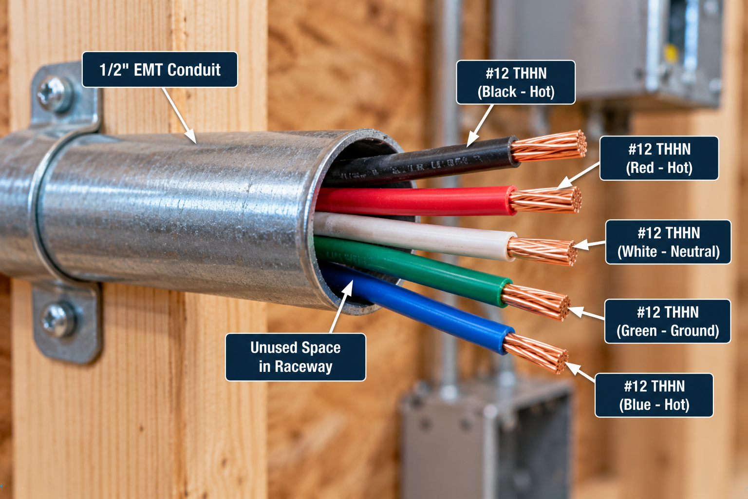Cutaway view of 1/2-inch EMT conduit with multiple #12 THHN conductors and unused space inside the raceway.