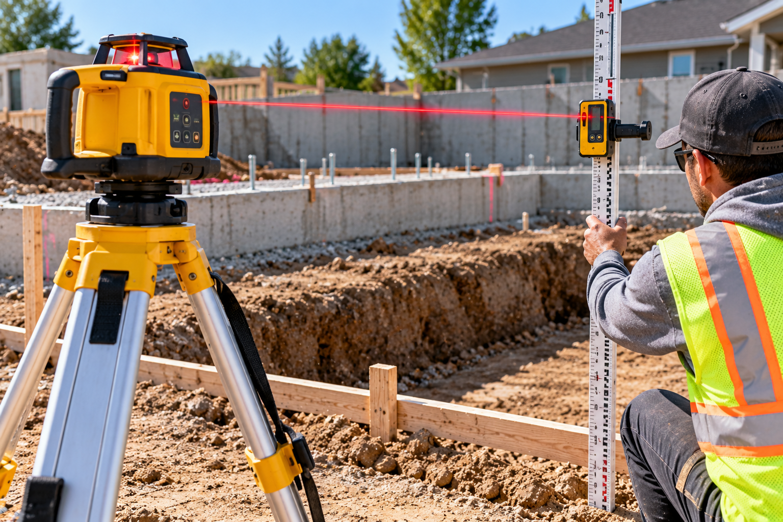 Construction worker holding a grade rod with a laser receiver while checking ground elevation using a rotary laser level at a residential foundation site.