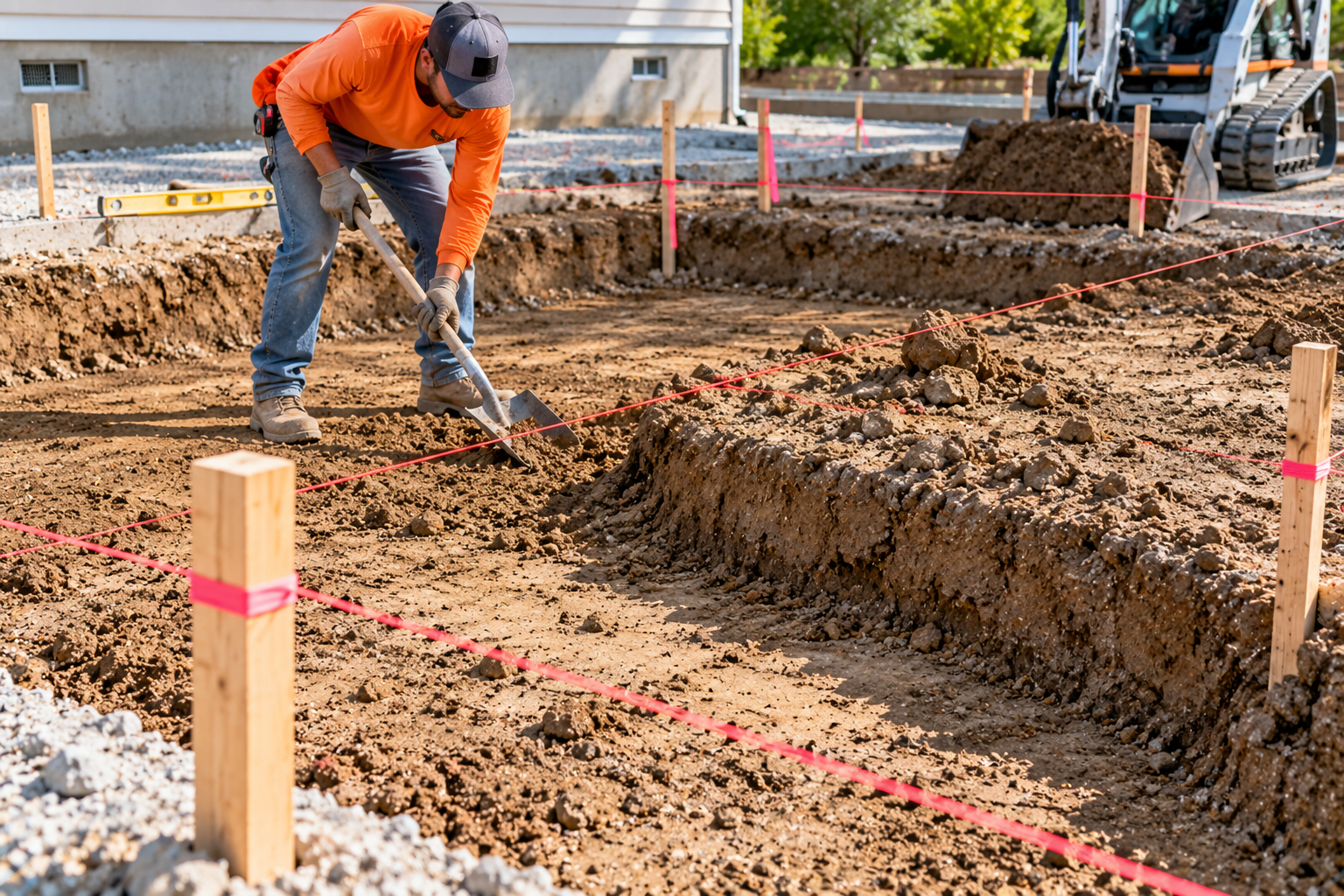 DConstruction worker using a shovel to level excavated soil inside a staked concrete slab layout, with string lines and a compact track loader nearby.