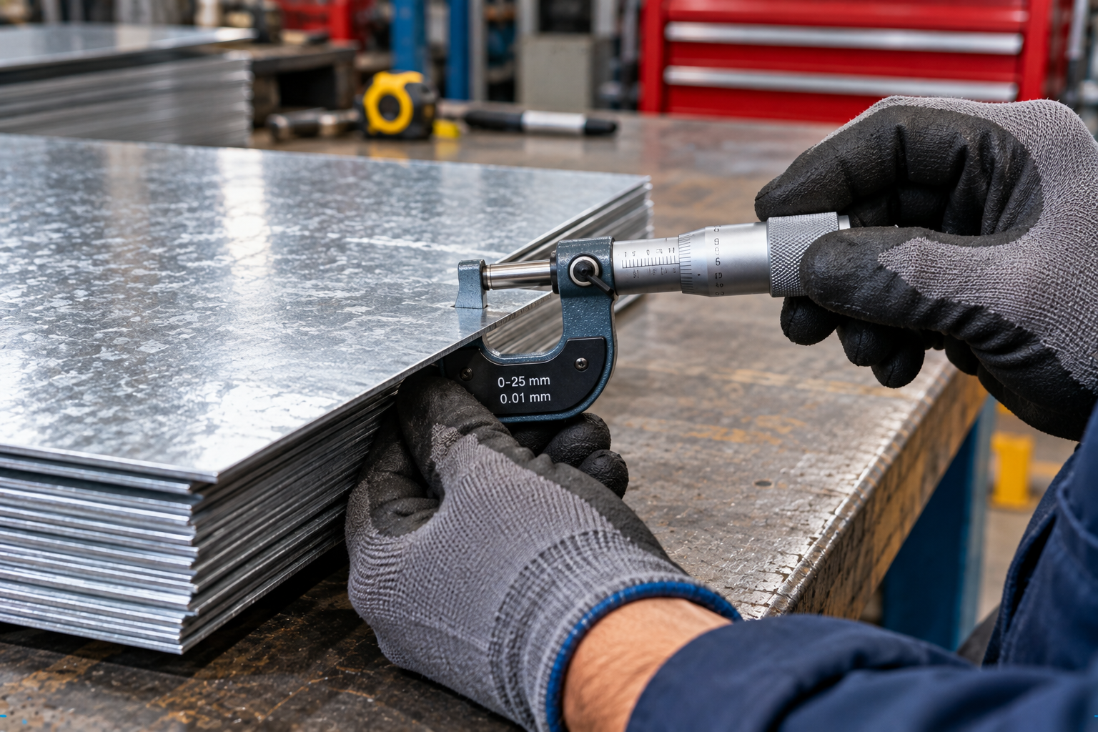 Worker using an outside micrometer to measure the thickness of a galvanized steel sheet on a workshop bench.