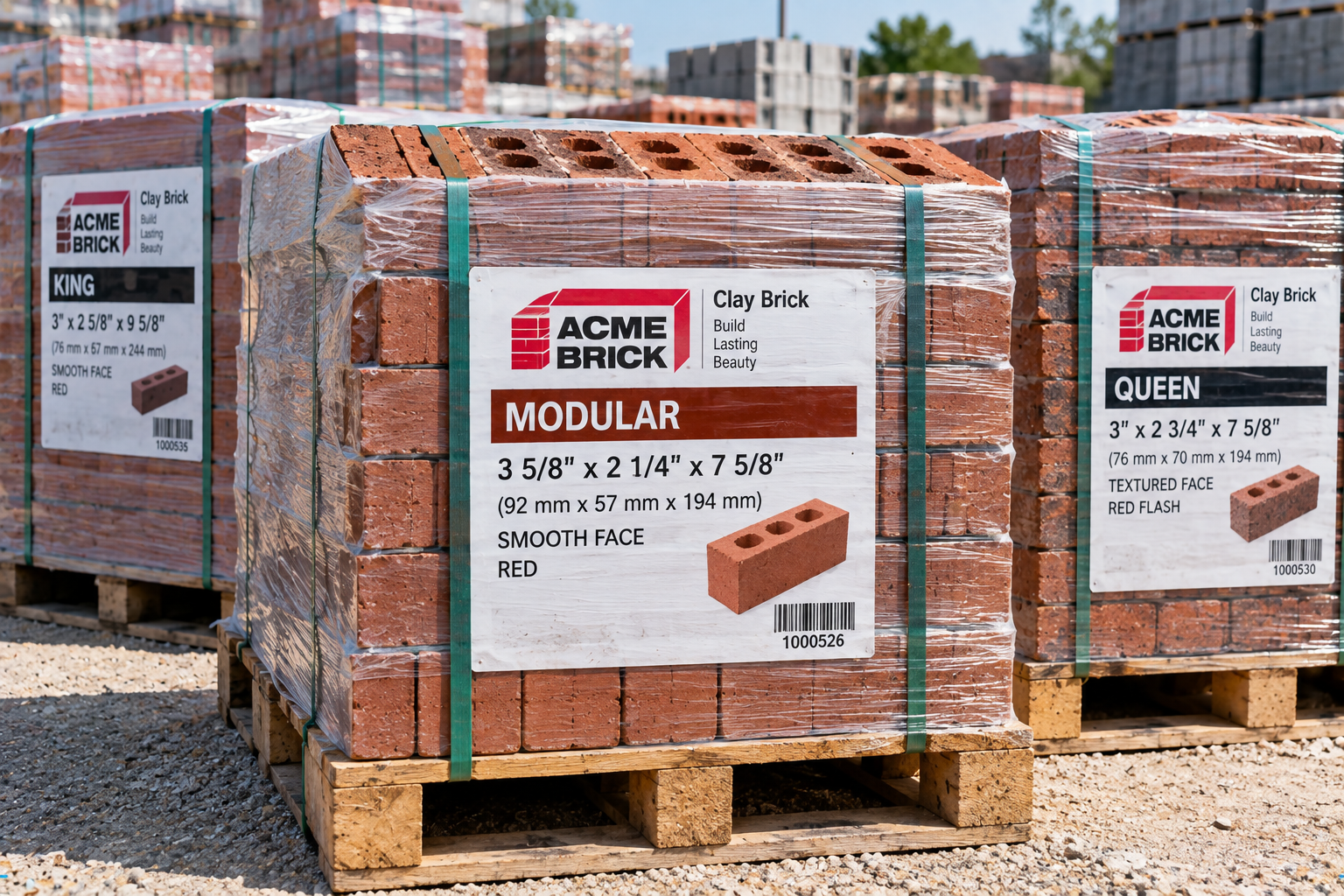 Pallets of red clay modular, queen, and king bricks with labeled dimensions at a building materials yard.