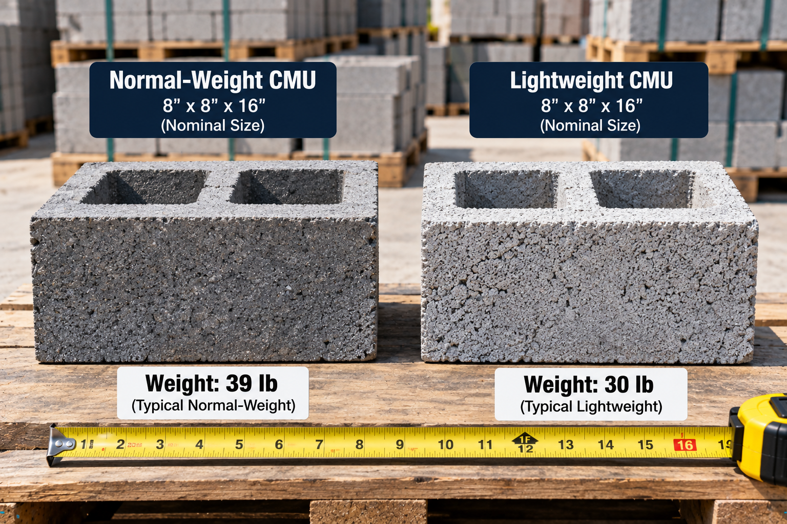 DNormal-weight and lightweight 8 × 8 × 16-inch concrete blocks compared side by side, showing illustrative weights of 39 lb and 30 lb.