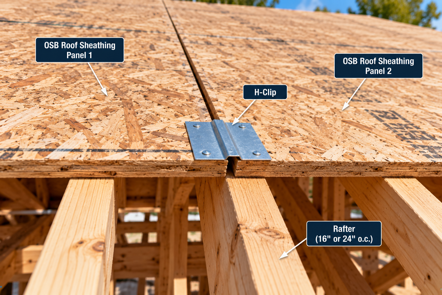 OSB roof sheathing panels joined with an H-clip over wood rafters spaced 16 or 24 inches on center.