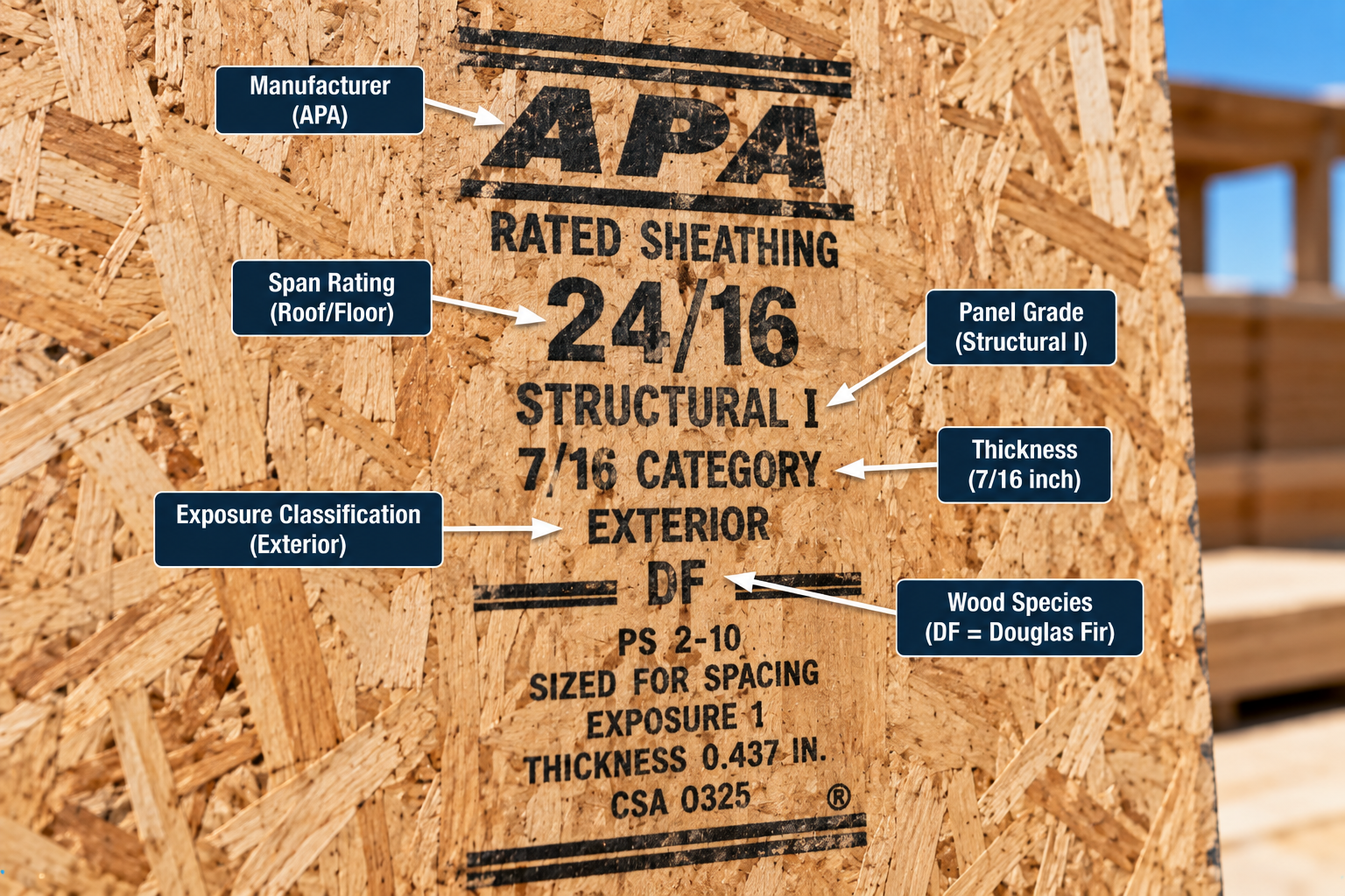 Close-up of an OSB sheathing panel stamp showing a 24/16 span rating, Structural I grade and 7/16-inch thickness category.