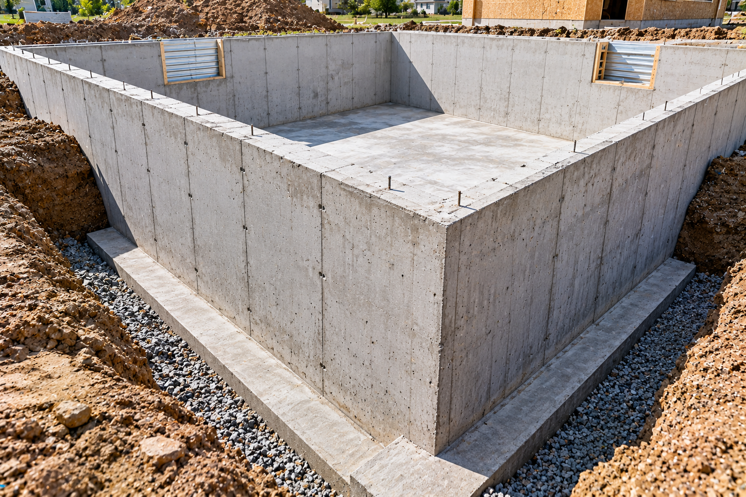 Poured concrete basement foundation walls resting on continuous footings, with window openings and exposed exterior excavation.