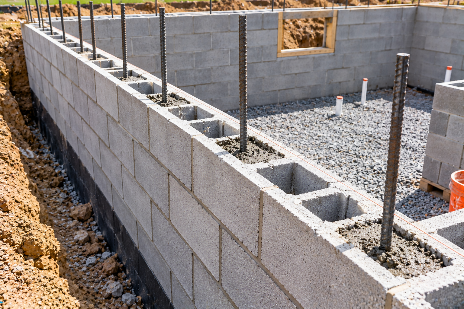 Concrete masonry foundation wall with exposed hollow block cores, vertical steel reinforcing bars, and partially filled grout cells.