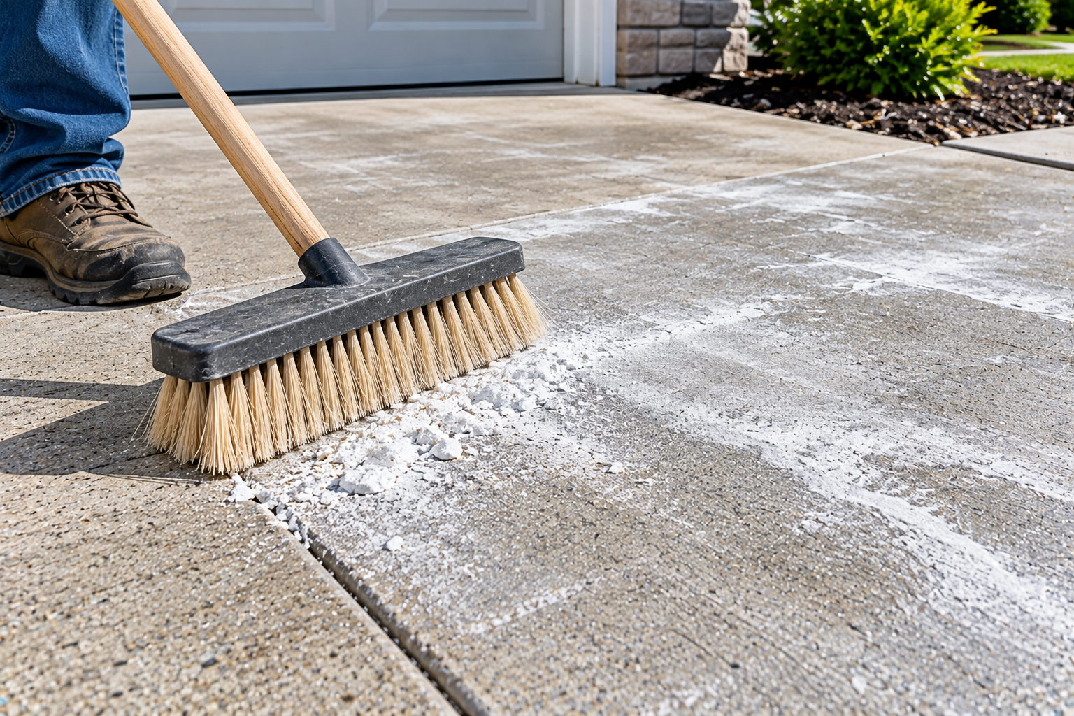 Stiff-bristle push broom sweeping white powdery deposits from a residential concrete driveway.