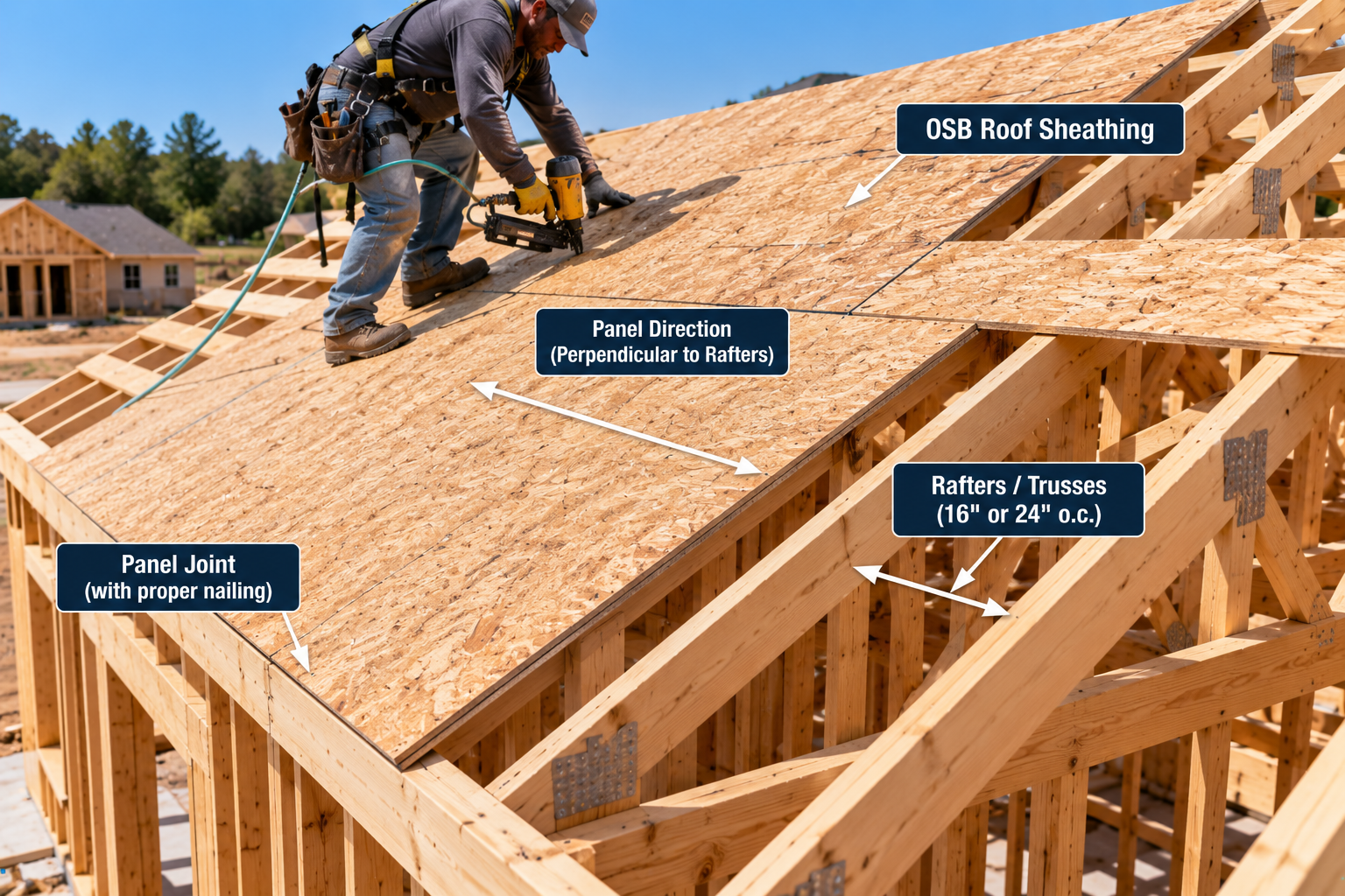 Wood roof framing with OSB sheathing installed perpendicular to rafters or trusses spaced 16 or 24 inches on center.