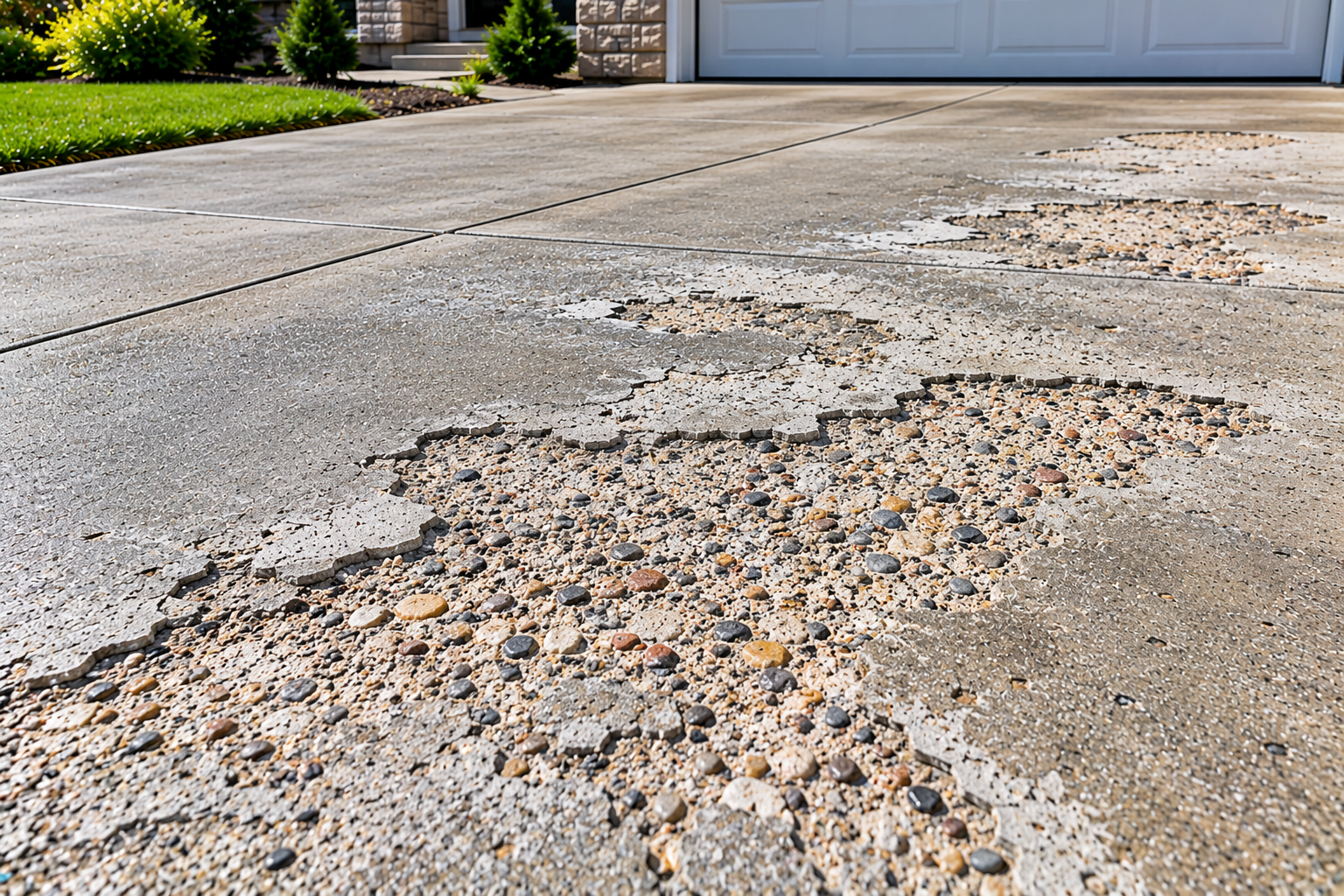 Severe surface scaling on a residential concrete driveway with large flaking patches and exposed aggregate.