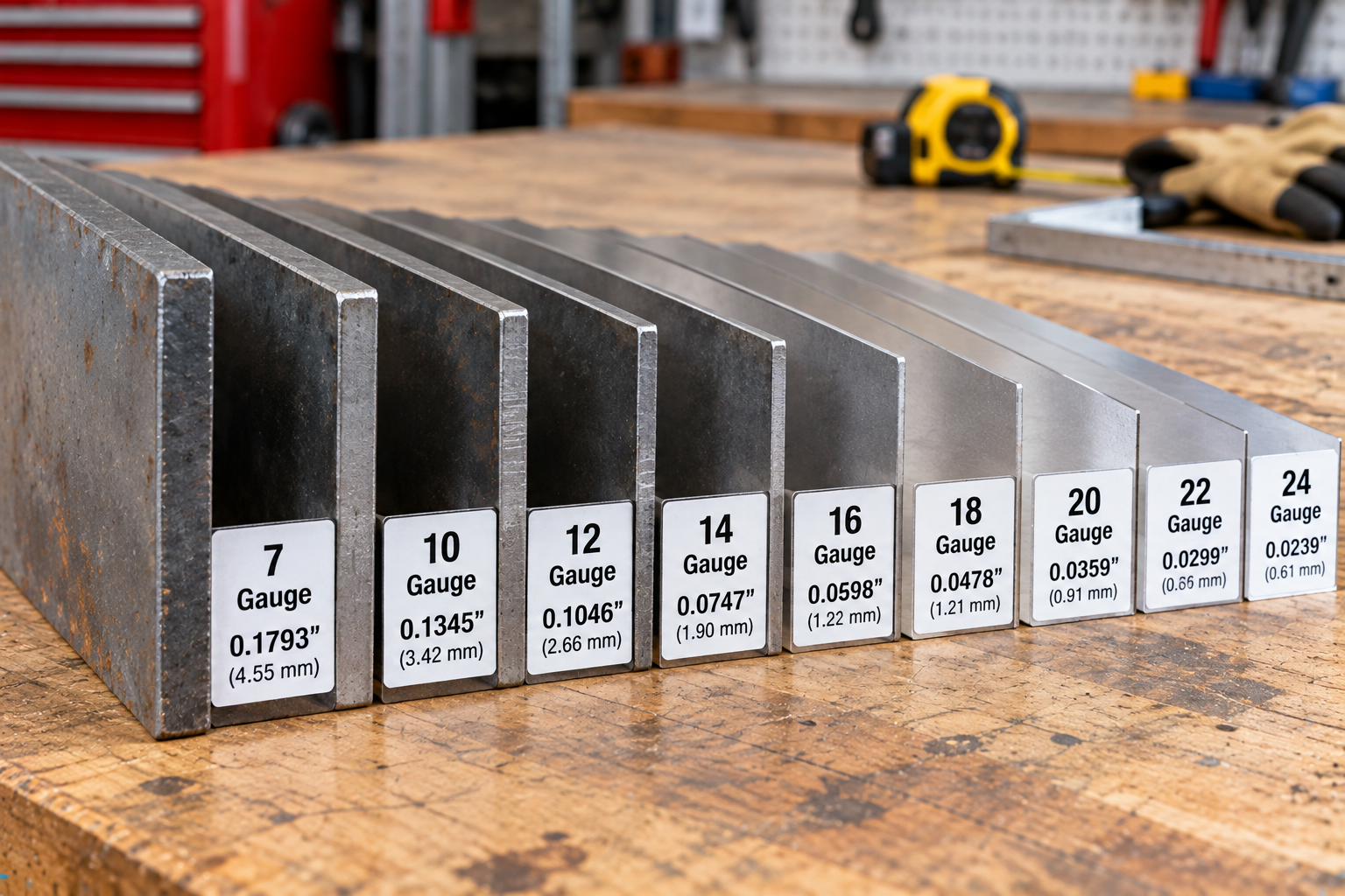 Metal plates arranged from thick to thin, labeled with sheet metal gauges 7 through 24 and corresponding inch and millimeter thicknesses.
