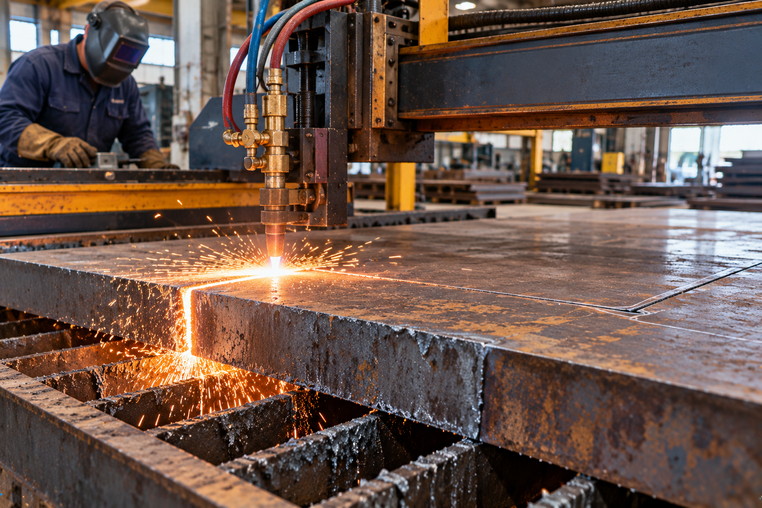 CNC plasma cutting machine cutting a thick steel plate in a fabrication shop with sparks around the cutting torch.