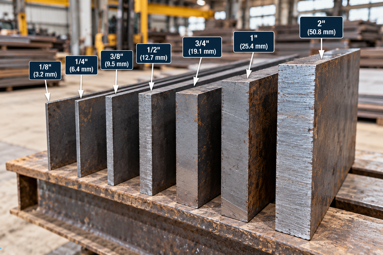 Steel plates comparing thicknesses from 1/8 inch to 2 inches with equivalent measurements in millimeters.