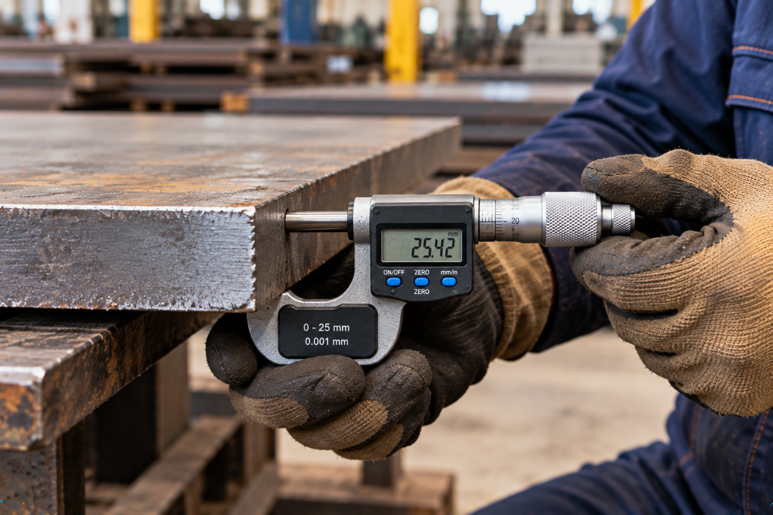 Worker measuring the thickness of a steel plate with a digital micrometer showing a 25.42 mm reading.