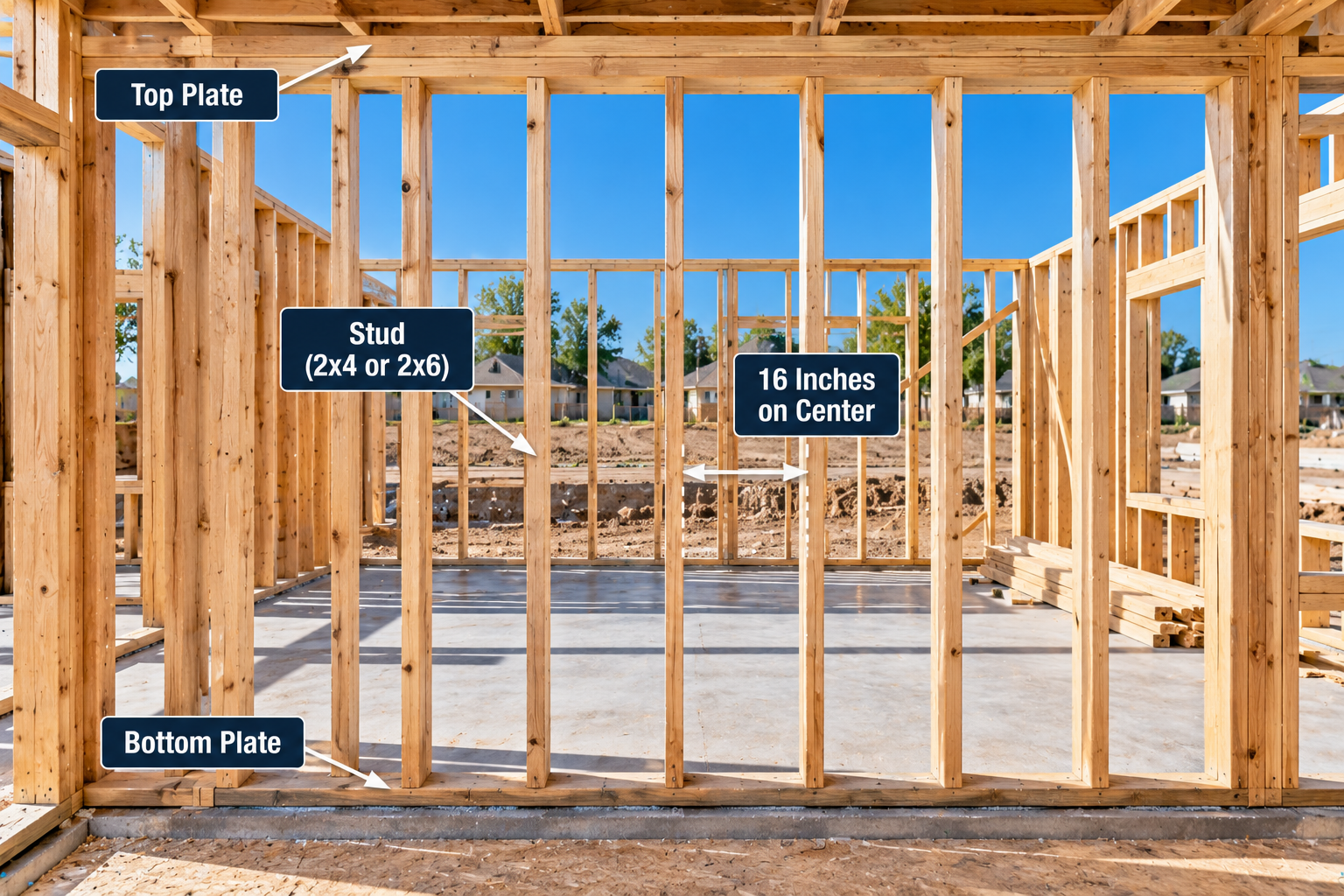Wood-framed wall showing studs spaced 16 inches on center between the top and bottom plates.