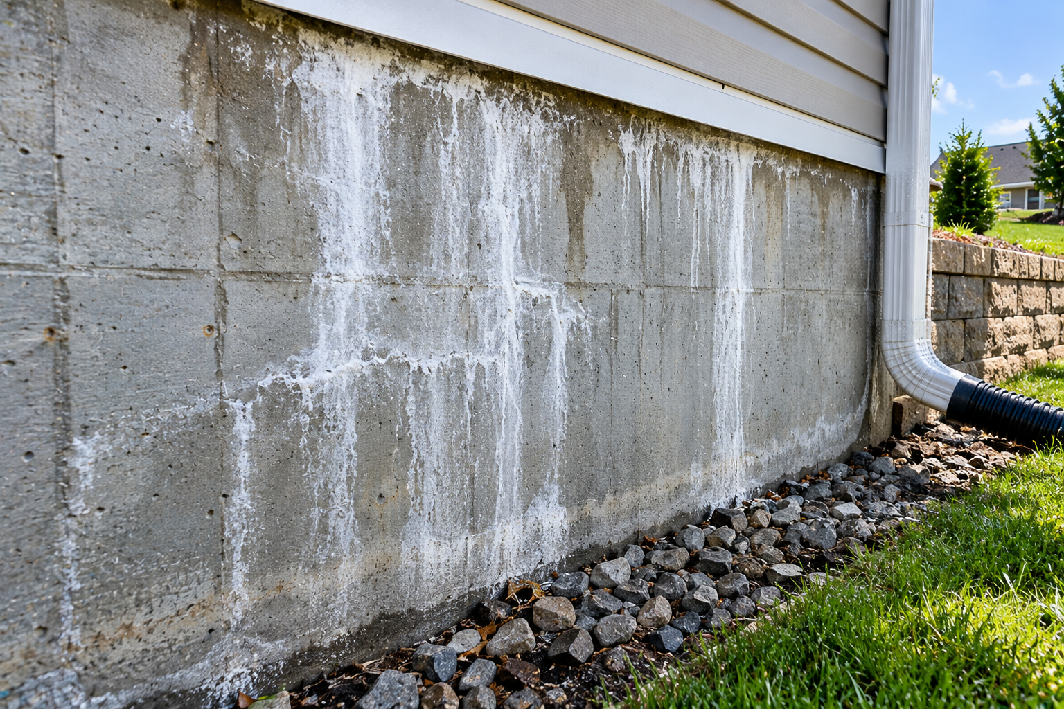 White mineral-like deposits streaking down an exterior concrete foundation wall beside a downspout and rock landscaping.
