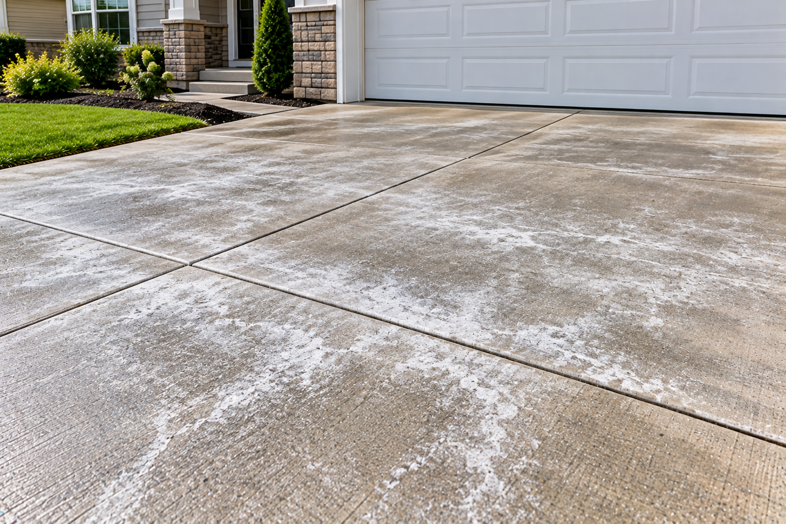 White, chalky deposits spread across a residential concrete driveway, with visible control joints dividing the surface into panels.