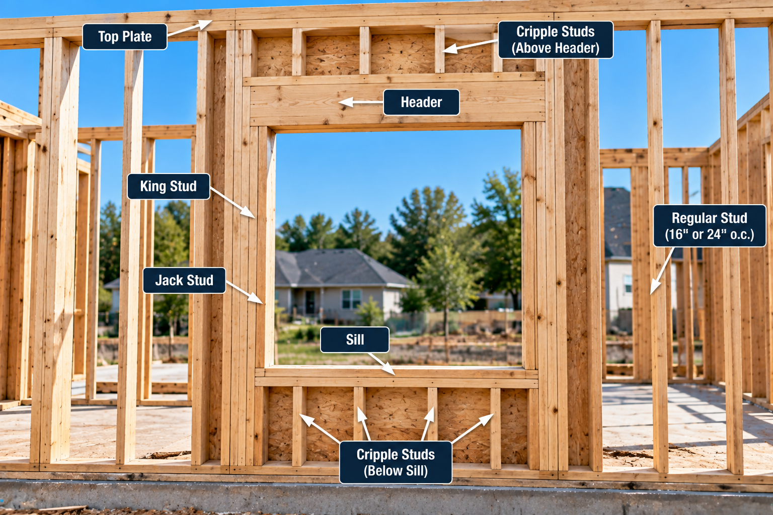Labeled wood window framing showing king studs, jack studs, header, sill, cripple studs and regular wall studs.