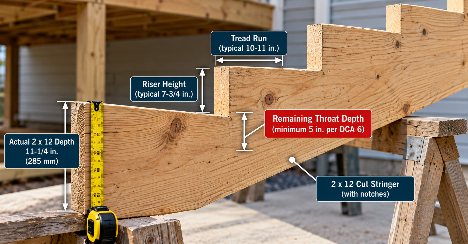 Notched 2×12 wood stair stringer showing 11-1/4-inch actual lumber depth, typical 10–11-inch tread run, 7-3/4-inch riser height, and remaining throat depth.