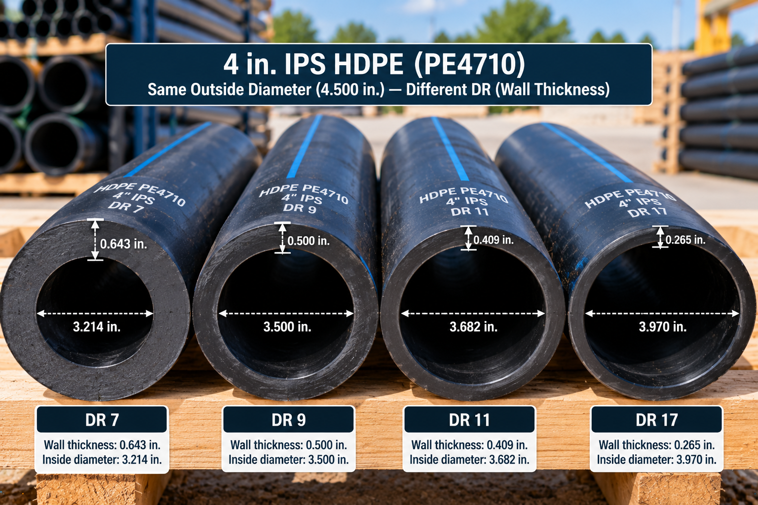 Four 4-inch IPS HDPE PE4710 pipes comparing DR 7, DR 9, DR 11, and DR 17 wall thicknesses and inside diameters.