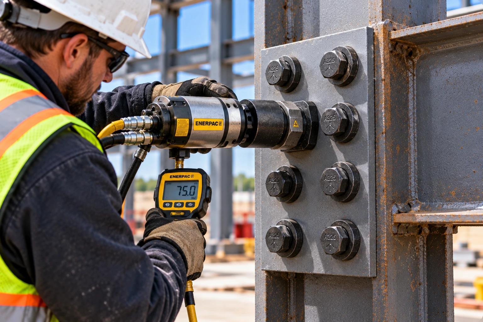 Construction worker using a hydraulic torque wrench on an A325-marked structural bolt assembly at a steel beam-to-column connection.