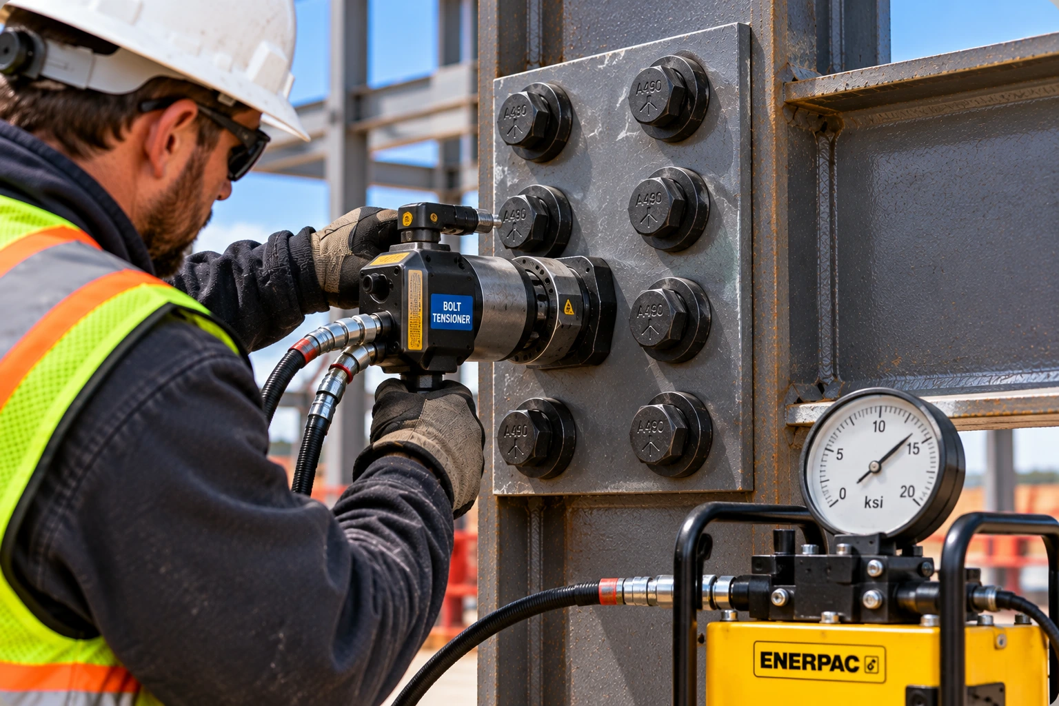 Construction worker operating a hydraulic bolt tensioner on an A490-marked structural steel connection with an ENERPAC hydraulic pump and pressure gauge.