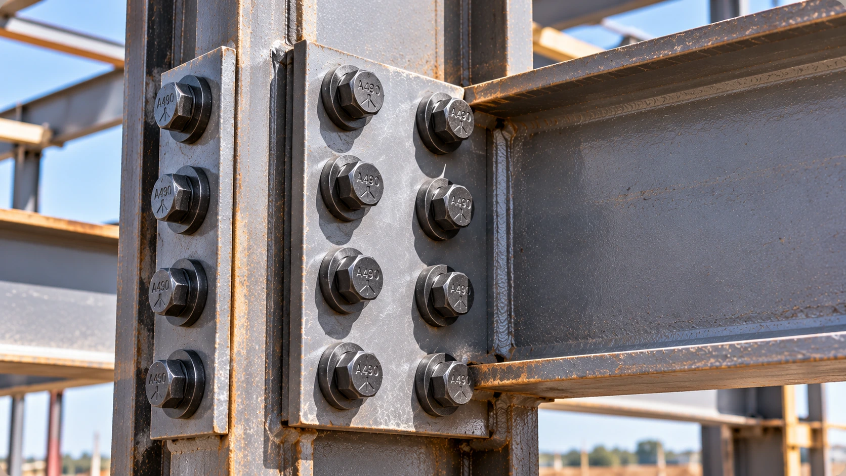 Close-up of a steel I-beam connected to a structural column with connection plates, A490-marked heavy-hex bolt heads, and washers.