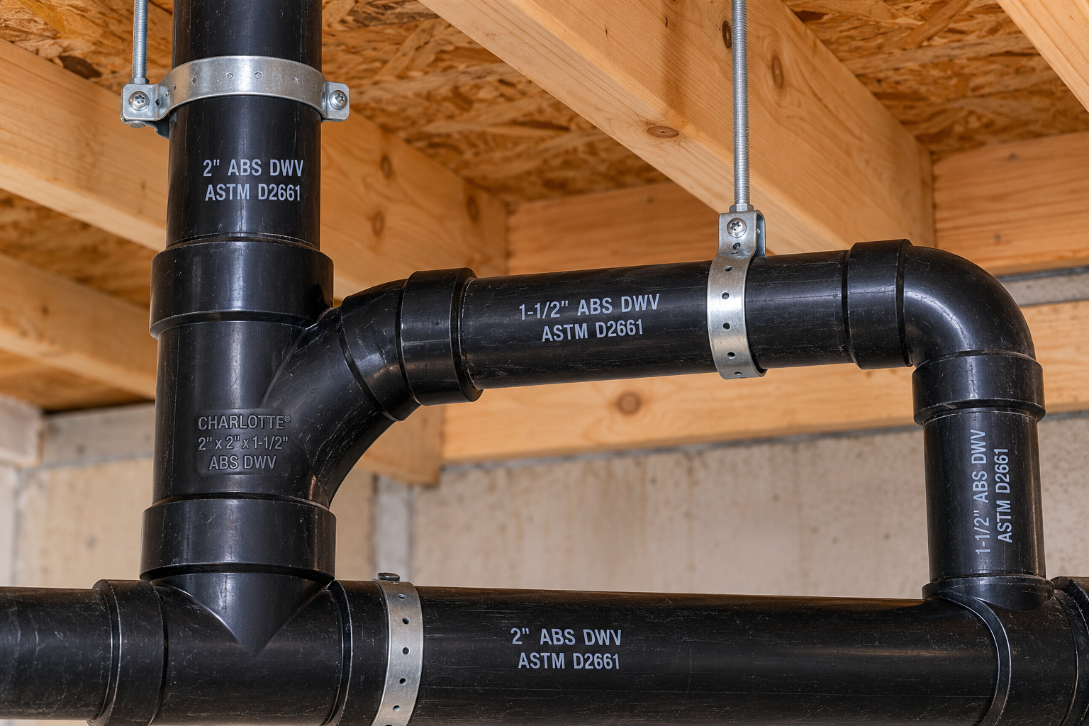 Black ABS DWV drain pipes installed beneath wood floor framing, showing a 2-inch drain line, 1-1/2-inch branch pipe, elbow fittings, and metal support hangers.
