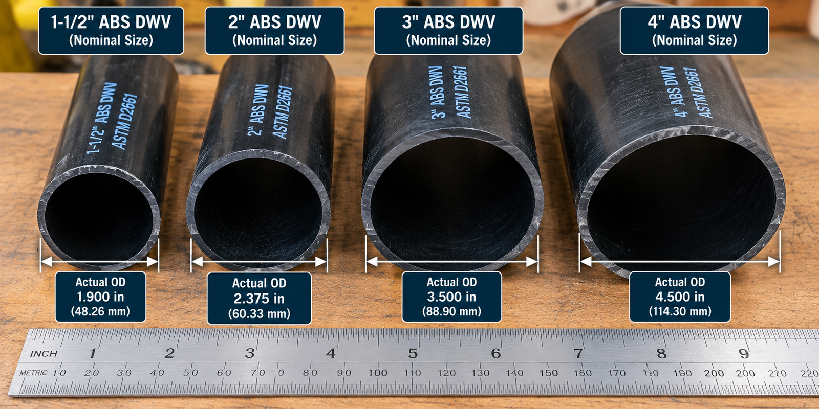 Four black ABS DWV pipes in 1-1/2, 2, 3, and 4-inch nominal sizes, labeled with actual outside diameters of 1.900, 2.375, 3.500, and 4.500 inches.