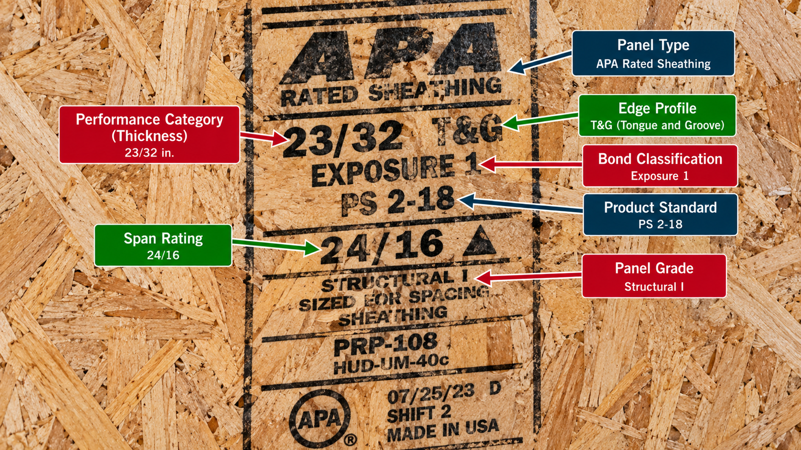 Labeled APA OSB panel stamp showing 23/32-inch thickness, 24/16 span rating, tongue-and-groove edge, Exposure 1 bond classification, PS 2-18 standard, and Structural I grade.
