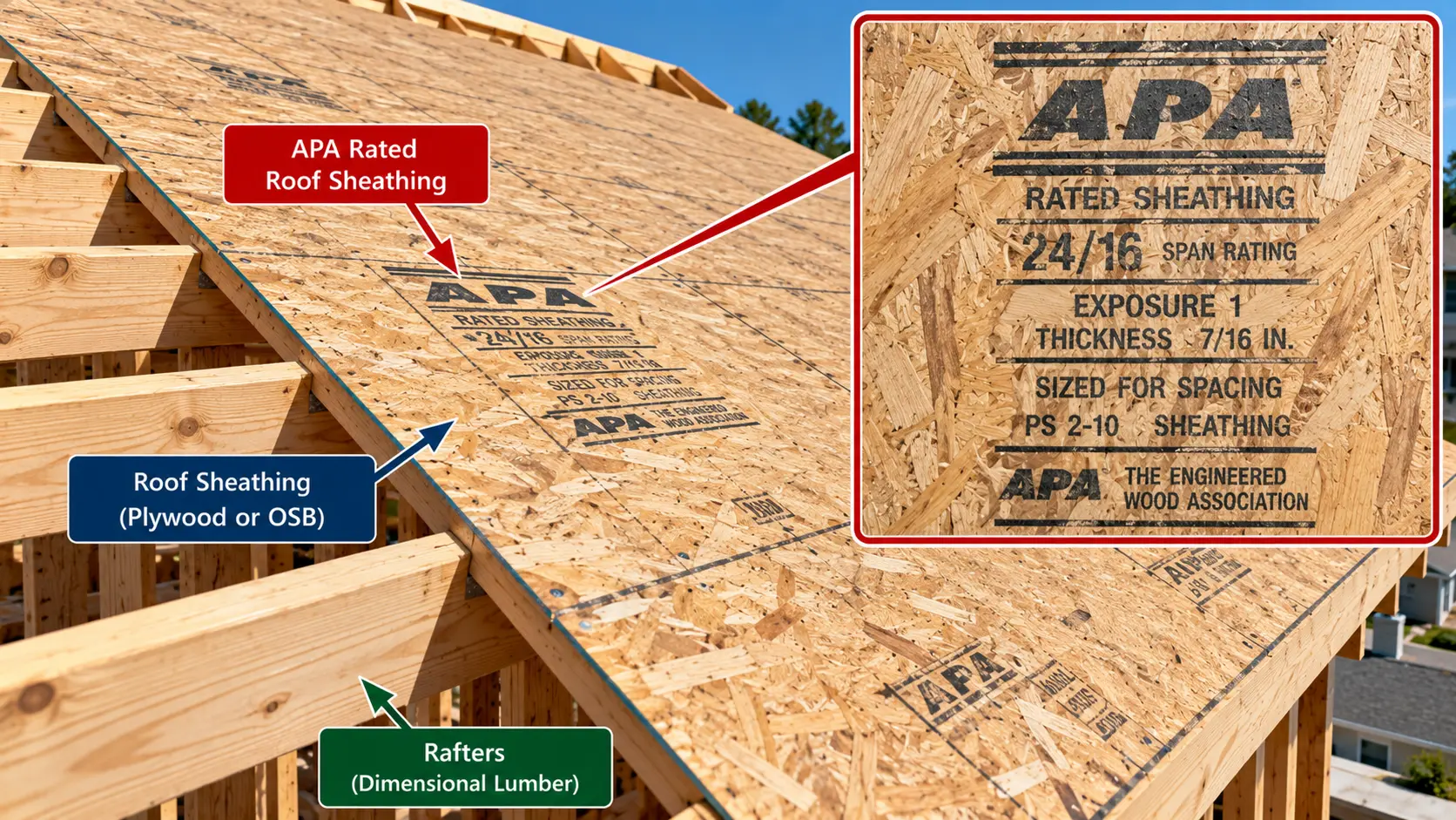 OSB roof sheathing installed over wooden rafters with an enlarged APA Rated Sheathing stamp showing 24/16 span rating, Exposure 1 classification, and 7/16-inch thickness.