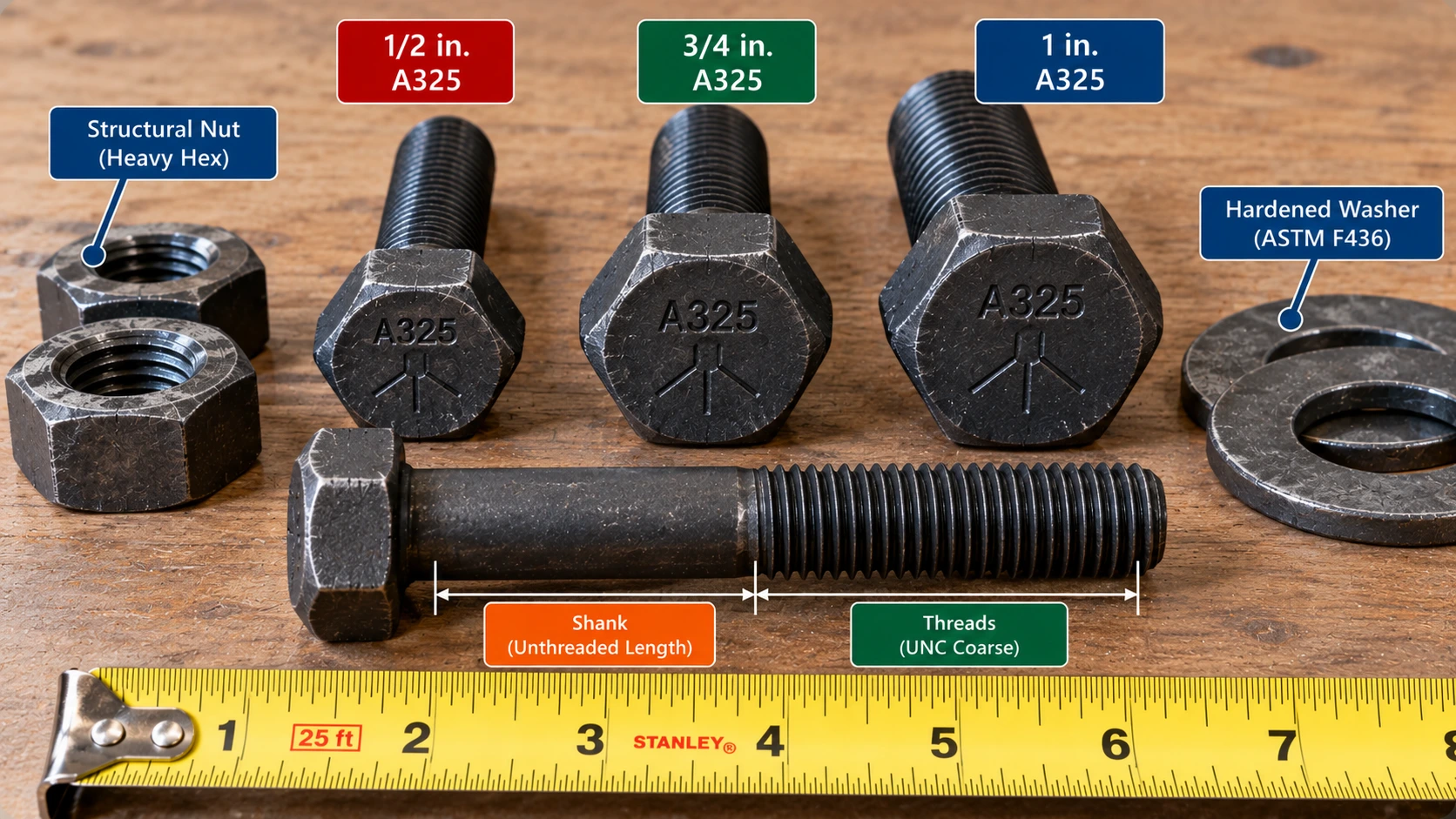 Close-up of A325-style heavy-hex structural bolts showing hexagonal heads, grade markings, smooth shanks and threaded ends beside a ruler.