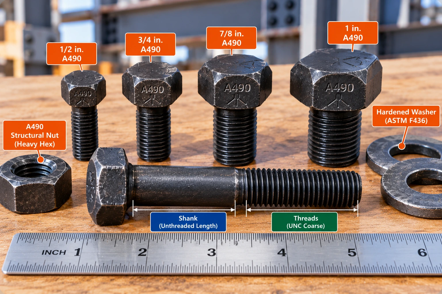 Illustration comparing four nominal sizes of A490 heavy-hex structural bolts with identification markings, threaded shanks, a heavy-hex nut, washers and a measuring ruler.