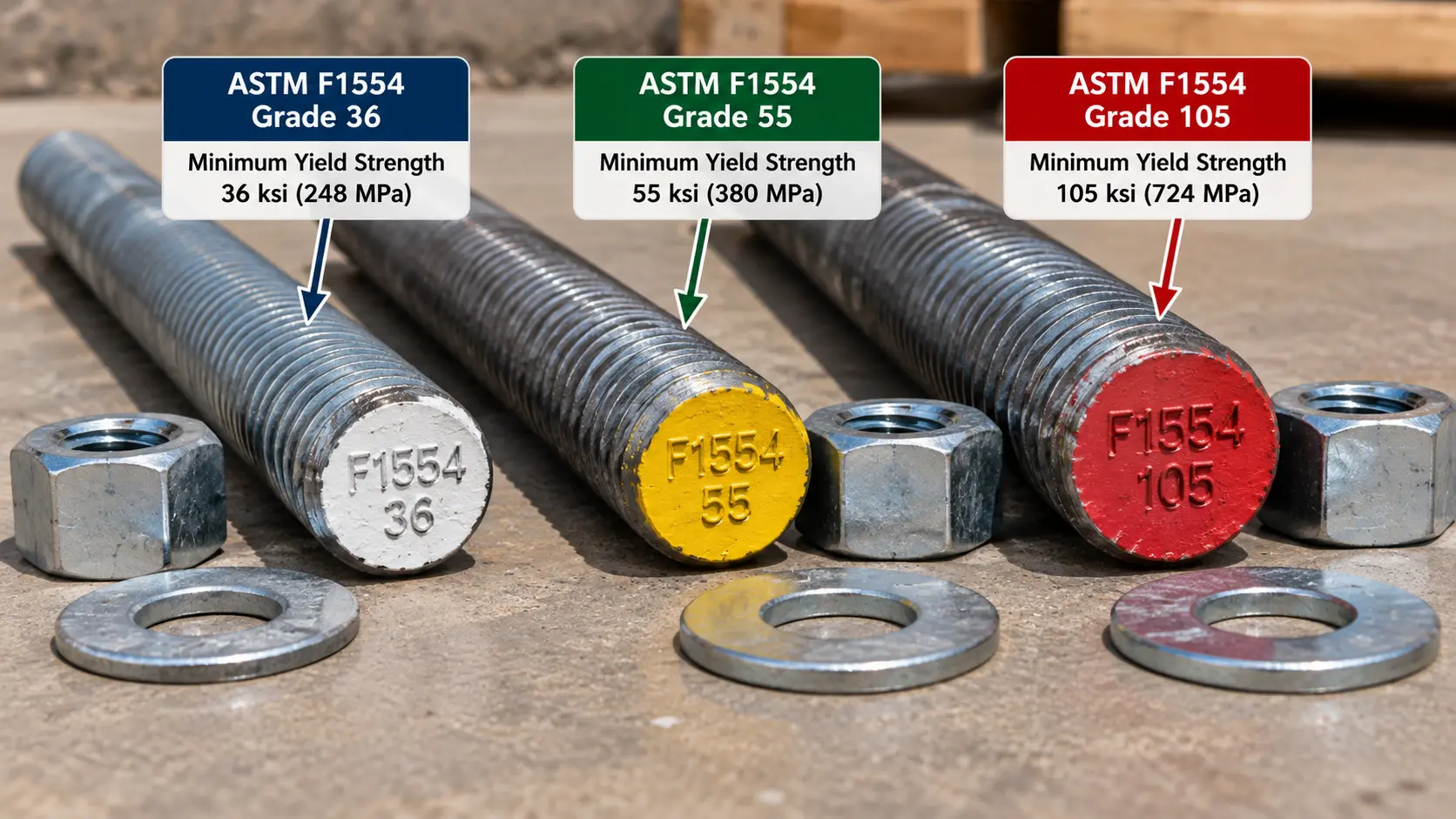 Three ASTM F1554 structural anchor rods illustrating Grades 36, 55 and 105, with threaded ends, nuts, washers and minimum yield strengths of 36, 55 and 105 ksi.