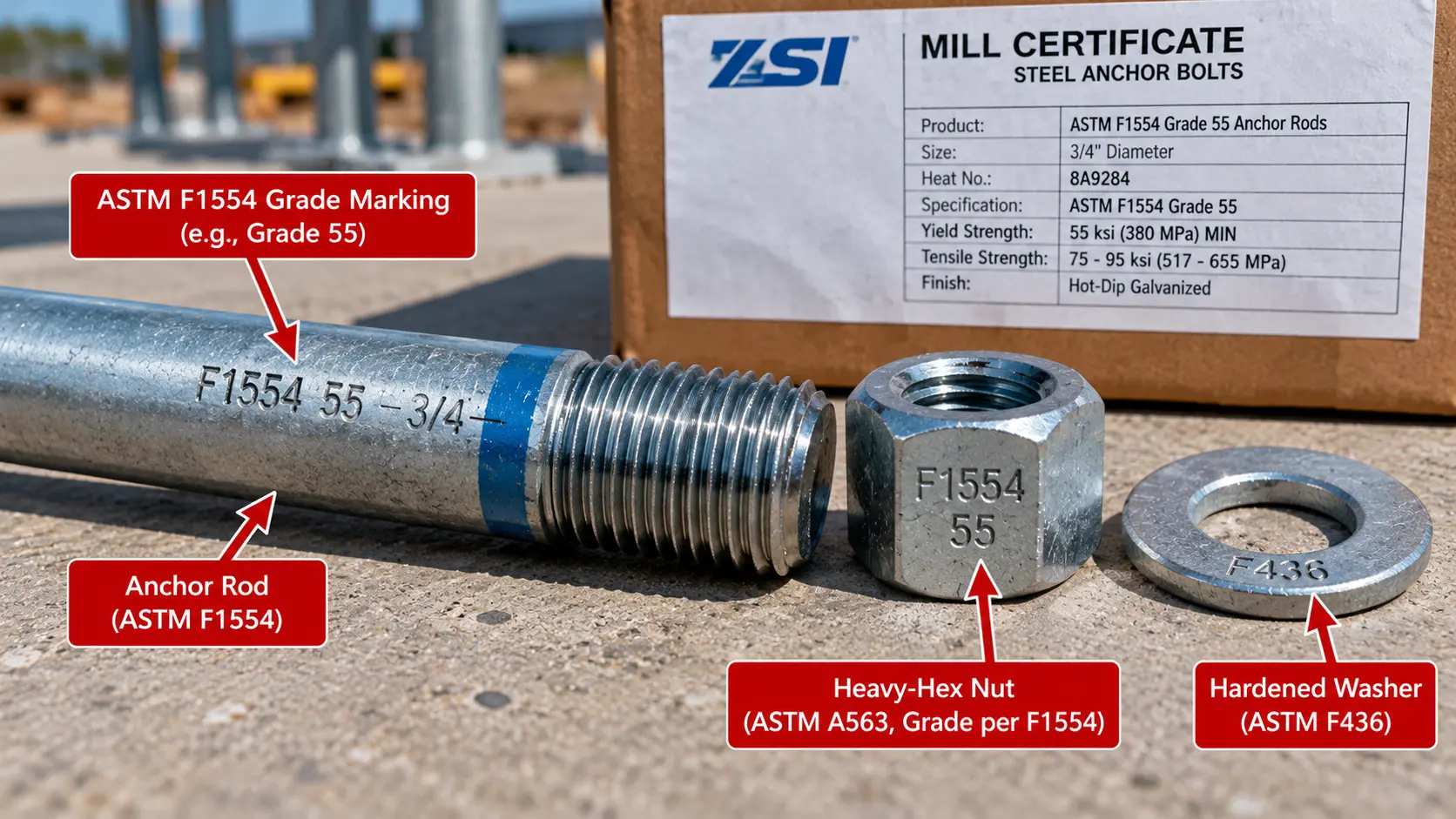 Galvanized ASTM F1554 Grade 55 steel anchor rod with 3/4-inch diameter marking, ASTM A563 heavy hex nut, ASTM F436 hardened washer, and mill certificate showing steel strength specifications.