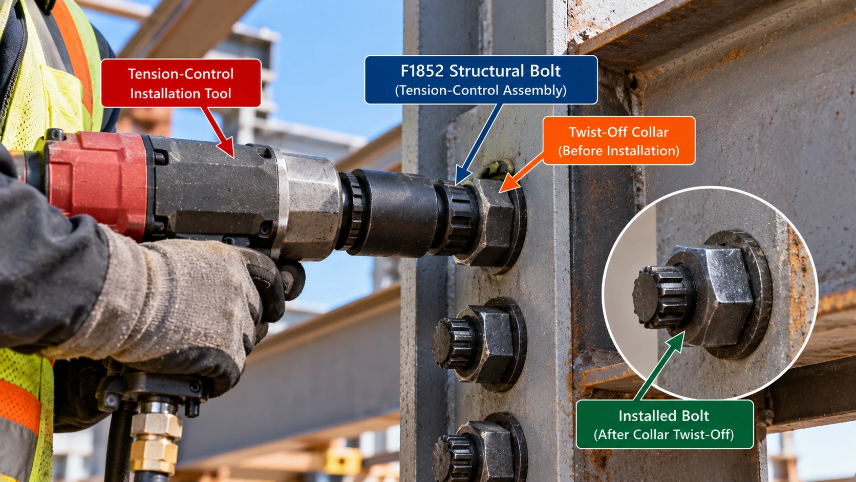 Construction worker using a tension-control installation tool on an ASTM F1852 structural bolt in a steel connection, with labels showing the twist-off spline and installed bolt assembly.