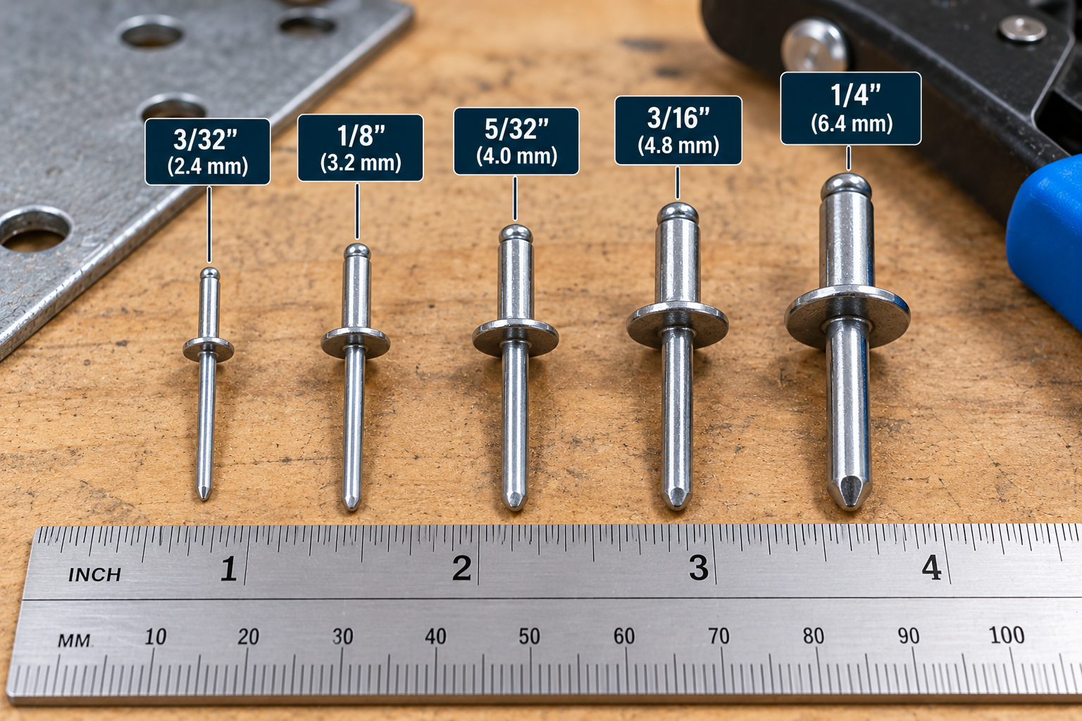 Five metal blind rivets labeled 3/32, 1/8, 5/32, 3/16, and 1/4 inch, arranged above a ruler with corresponding metric sizes.