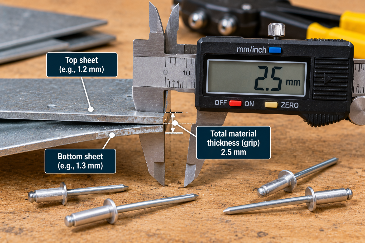 Two overlapping metal sheets labeled 1.2 mm and 1.3 mm, with a digital caliper displaying 2.5 mm total material thickness for rivet grip selection.