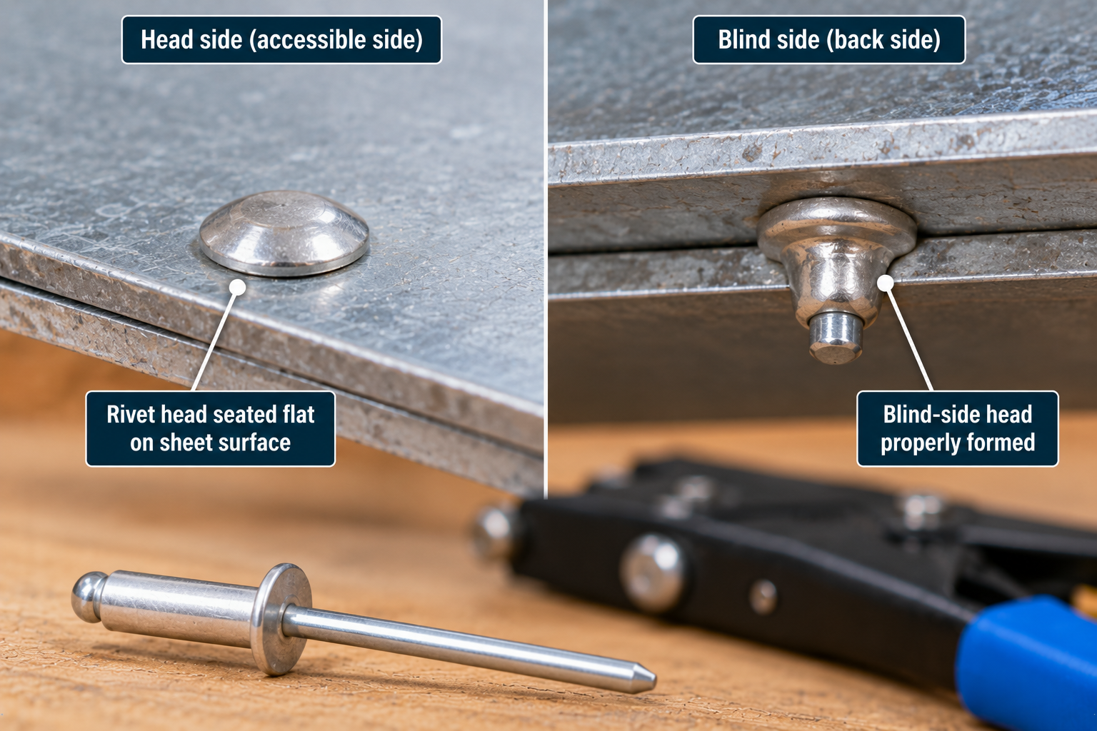 Close-up comparison of an installed blind rivet showing its seated head on the accessible side and formed head on the blind side of joined metal sheets.