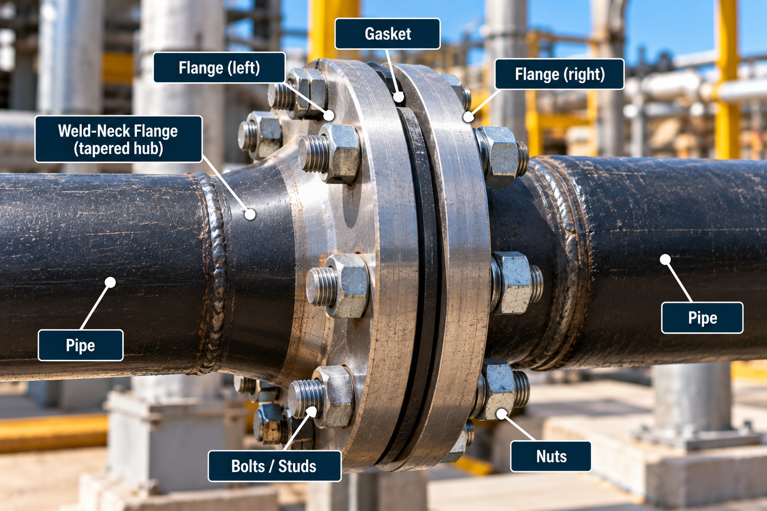 Bolted weld-neck pipe flange connection showing two steel flanges, a gasket between the faces, stud bolts, nuts, tapered hubs, and welded pipes.