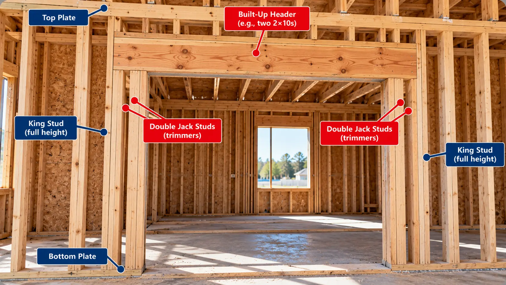 Wood-framed wall opening showing a built-up lumber header supported by double jack studs, with full-height king studs, top plate, and bottom plate labeled.