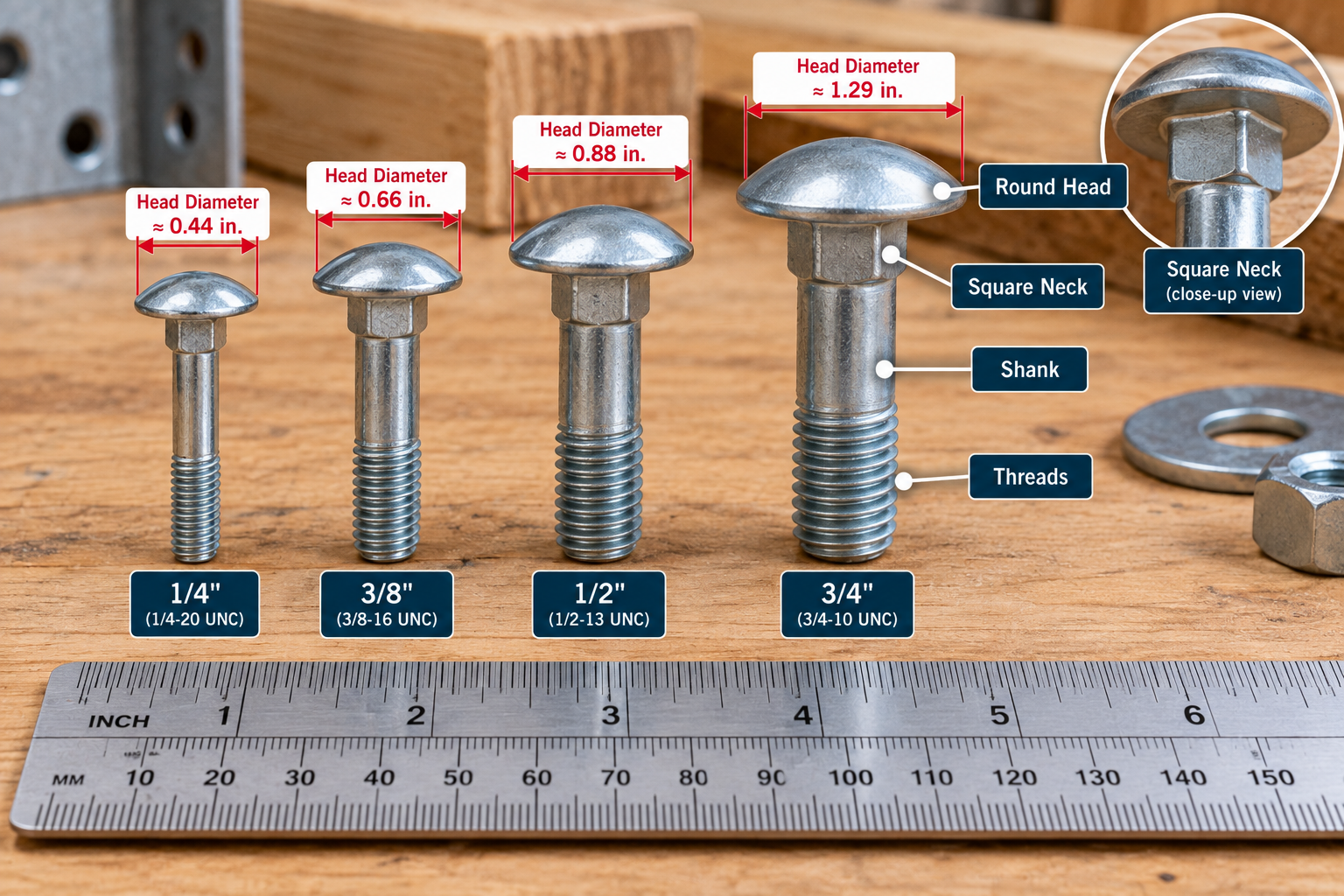 Carriage bolts in 1/4, 3/8, 1/2, and 3/4 inch sizes showing round heads, square necks, shanks, threads, and approximate head diameters.