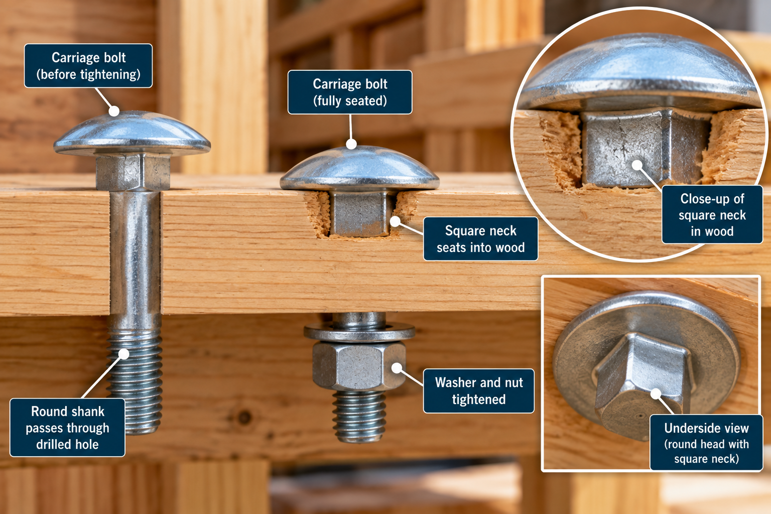 Carriage bolt installed through wood showing the round head, square neck seated into the wood, threaded shank, washer, and tightened nut.