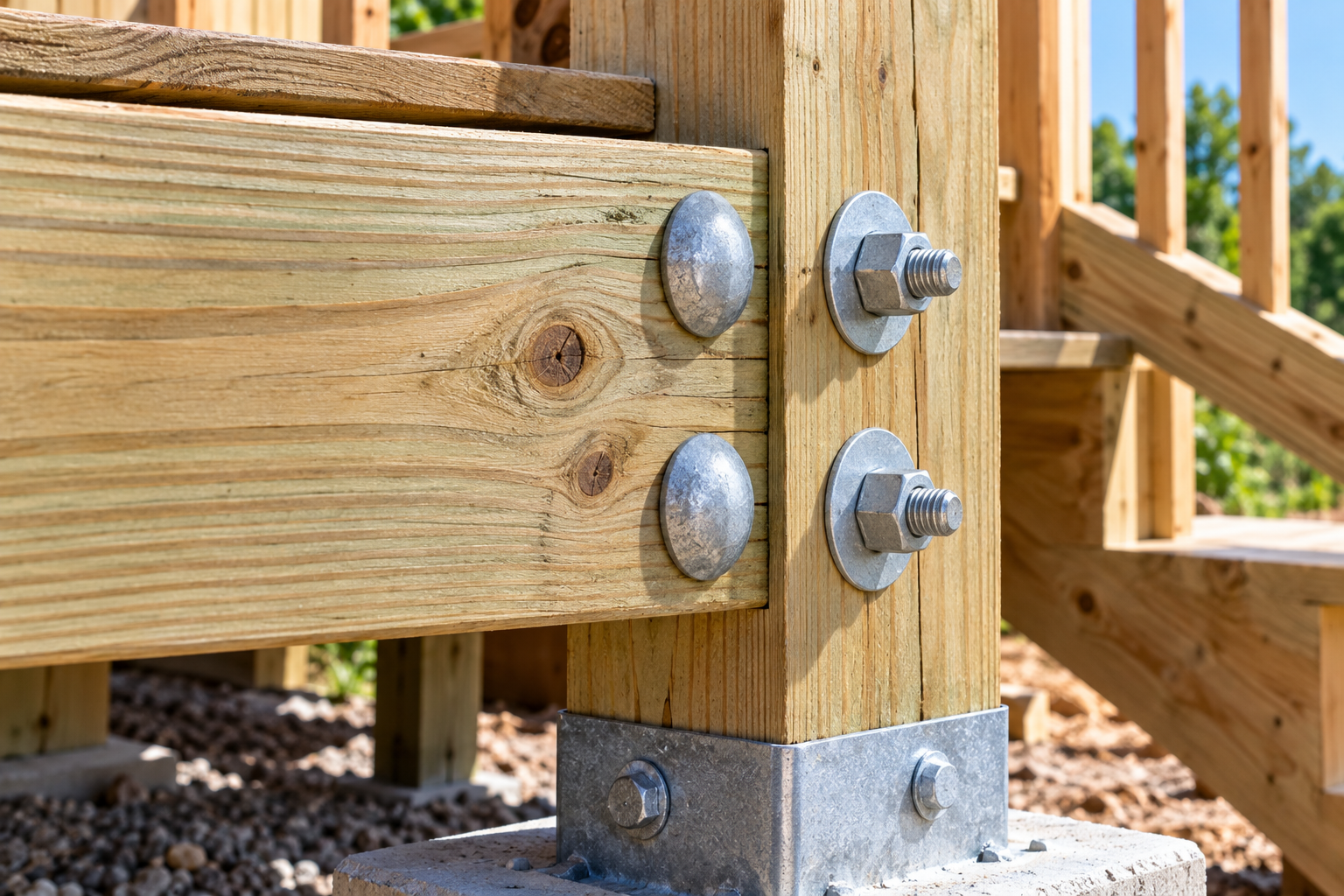 Two galvanized carriage bolts fastening a horizontal wood framing member to a vertical deck post with washers and nuts on the opposite side.