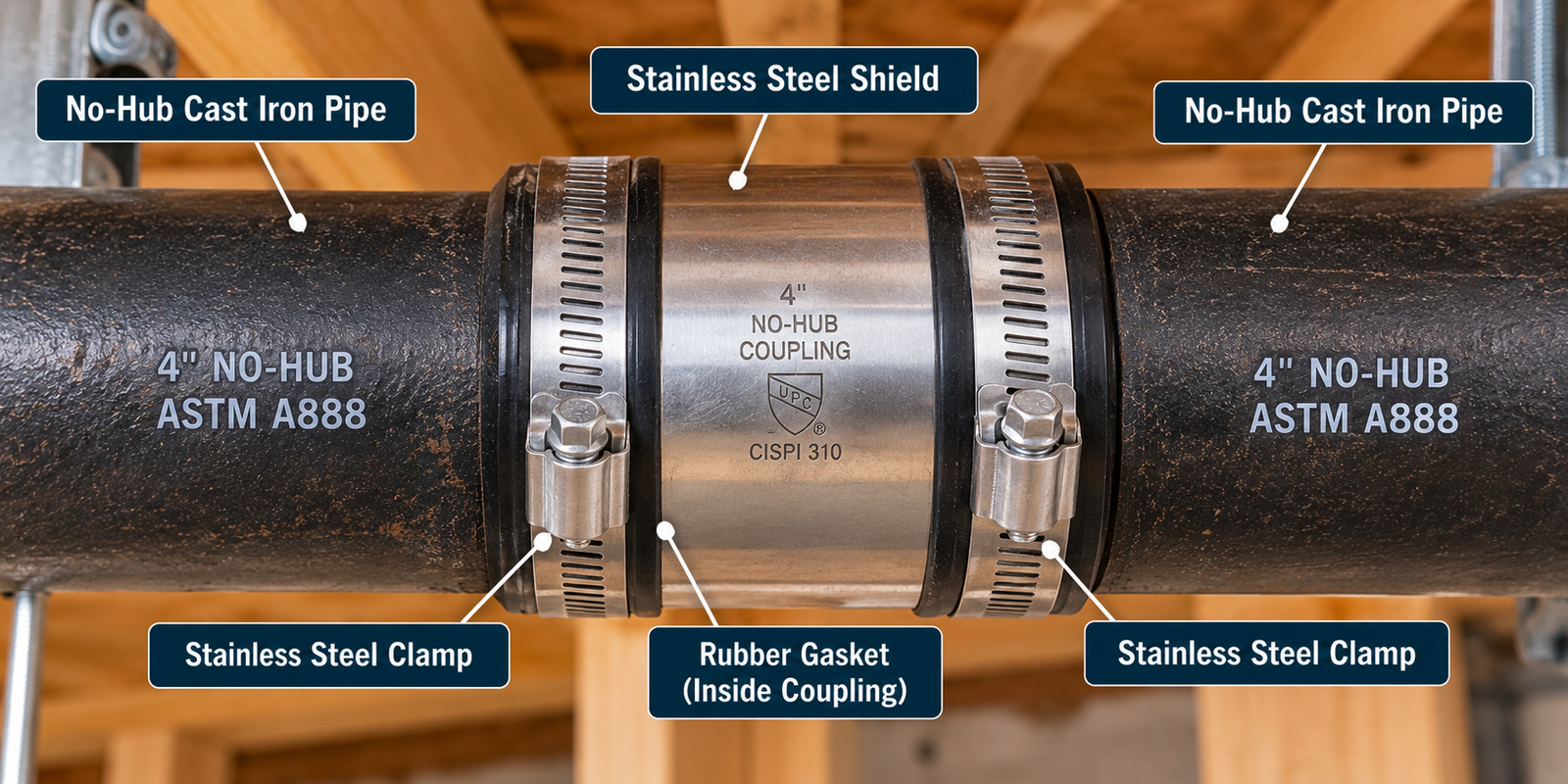 Two 4-inch no-hub cast iron pipes joined by a shielded coupling with a stainless steel sleeve, tightening clamps, and rubber gasket.