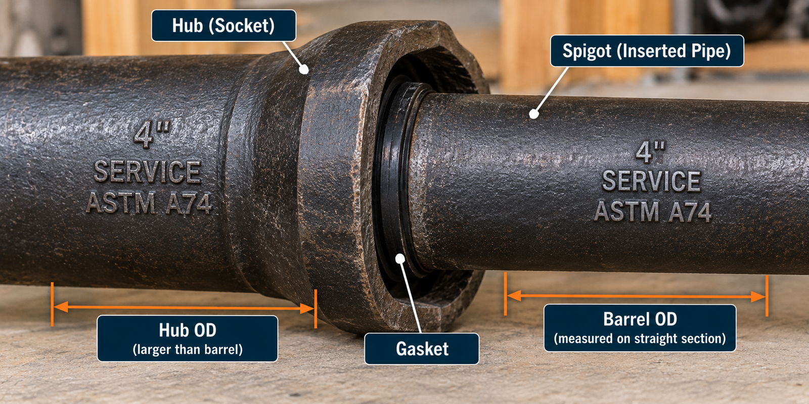 Four-inch service-weight cast iron pipes joined with a hub-and-spigot connection, showing the rubber gasket, enlarged hub, and barrel outside diameter labels.