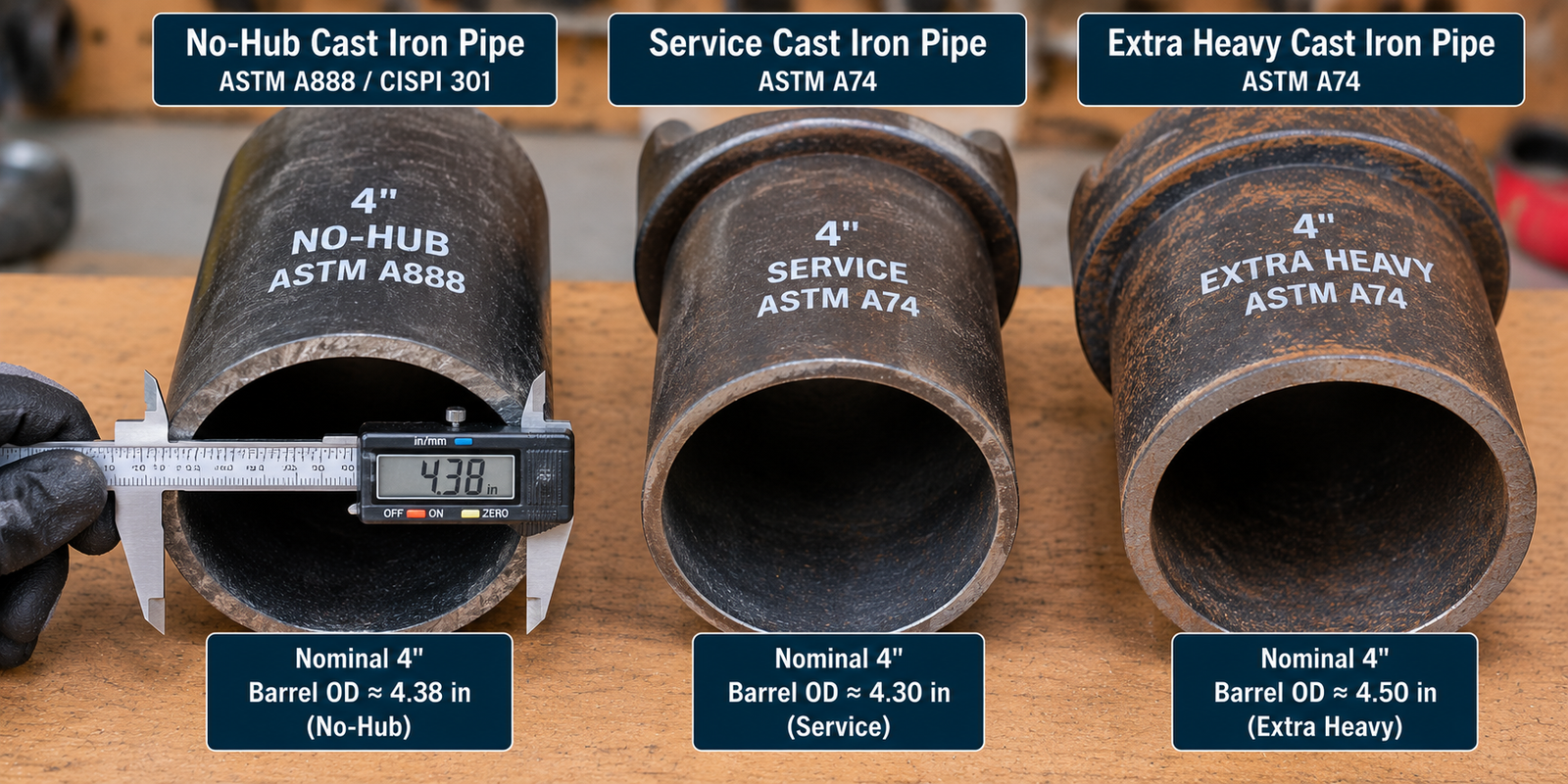 Three nominal 4-inch cast iron pipes comparing no-hub, service-weight, and extra-heavy types, with labeled outside diameters and a digital caliper.