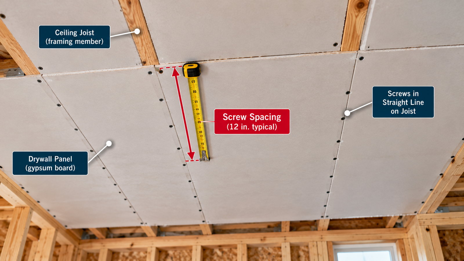 Drywall panels fastened to wood studs with screws aligned in vertical rows, showing 16-inch on-center stud spacing and typical 16-inch screw spacing.