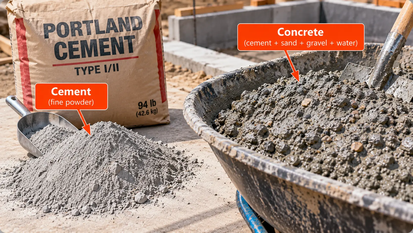 Bag of Portland cement beside a pile of fine gray cement powder, compared with fresh concrete containing visible sand and gravel in a wheelbarrow.