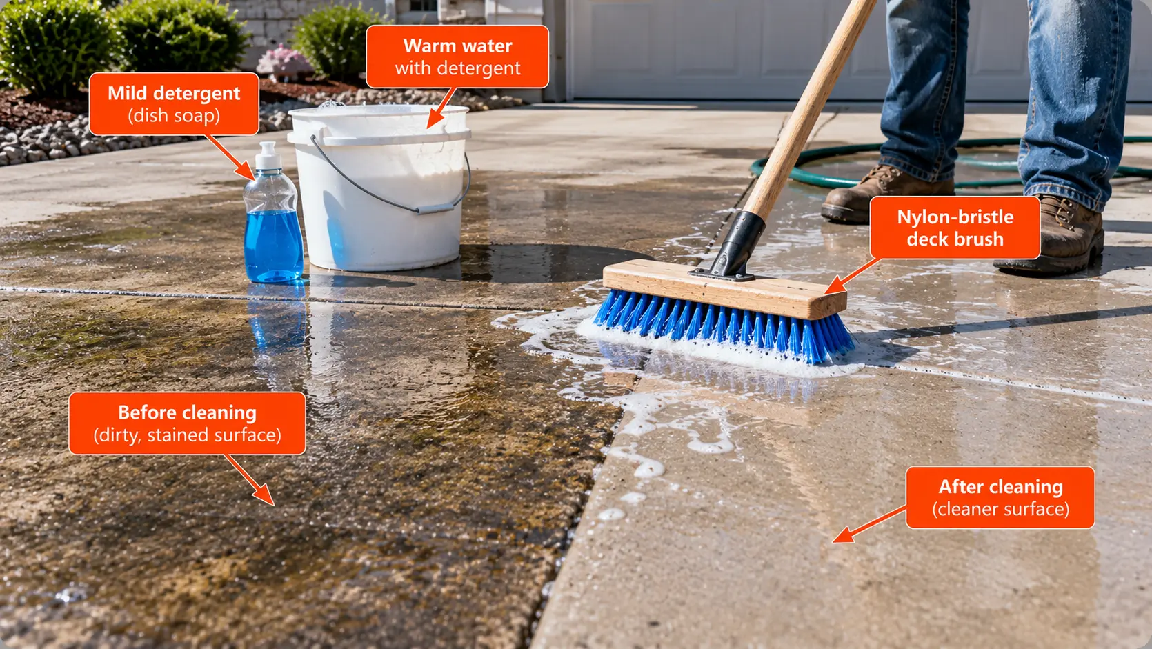 Concrete driveway being scrubbed with a blue nylon-bristle deck brush, with a bucket of soapy water, dish detergent, and labeled dirty and cleaner areas.
