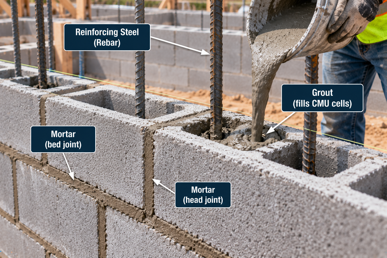Grout being poured into reinforced concrete block cells with vertical rebar and mortar bed and head joints labeled.